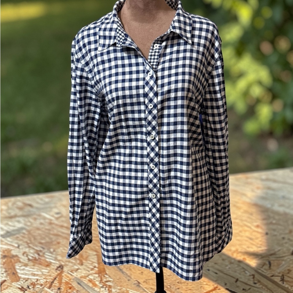 Talbots Navy and White Checkered Blouse Size XL